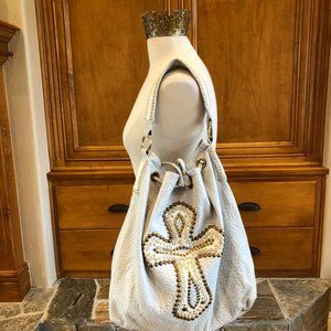 Leatherock USA Leather White Gold and Rhinestone Cross Embellished Hobo …